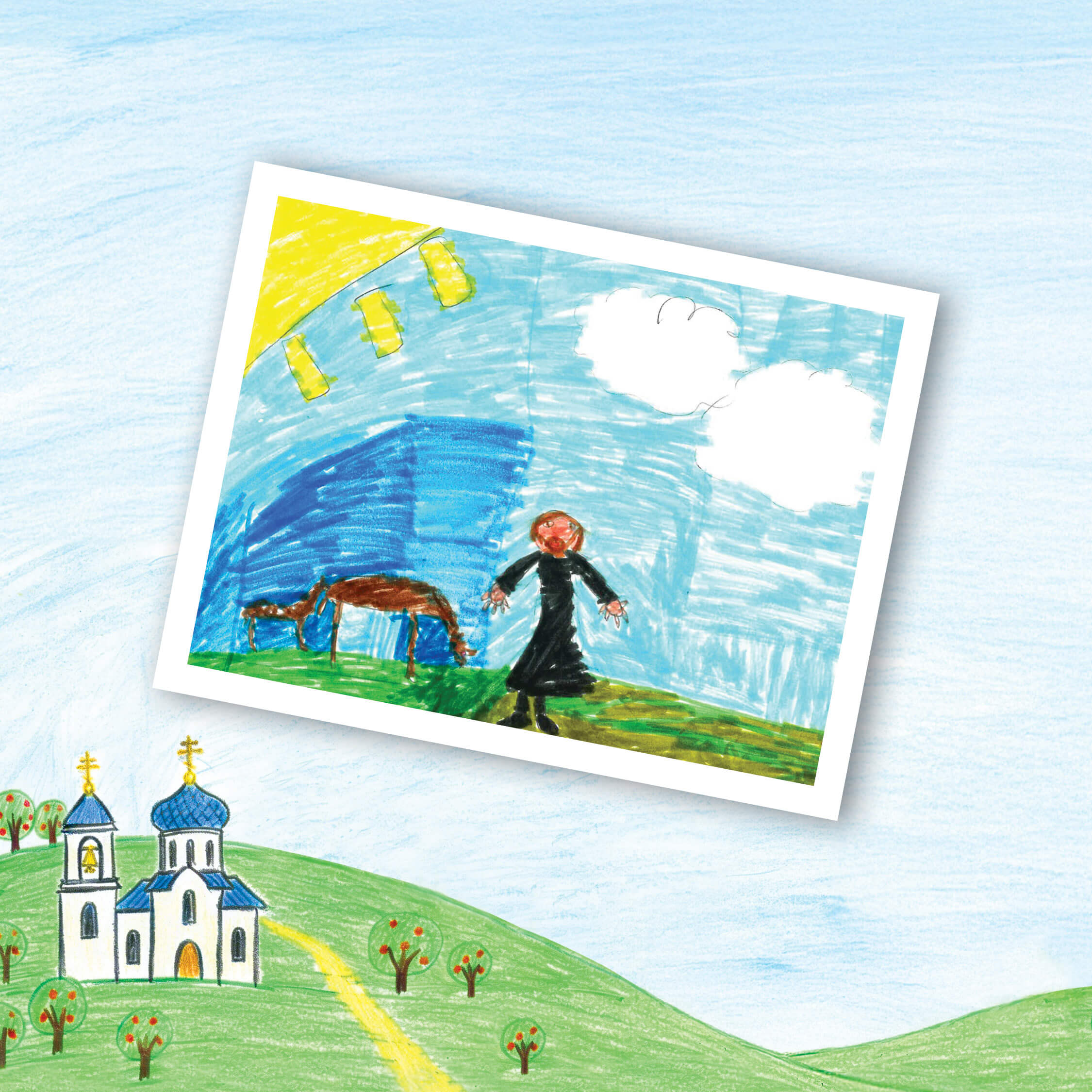 St. Tikhon's Seminary 2026 Spring Appeal children's drawings of their fathers in their cassocks.