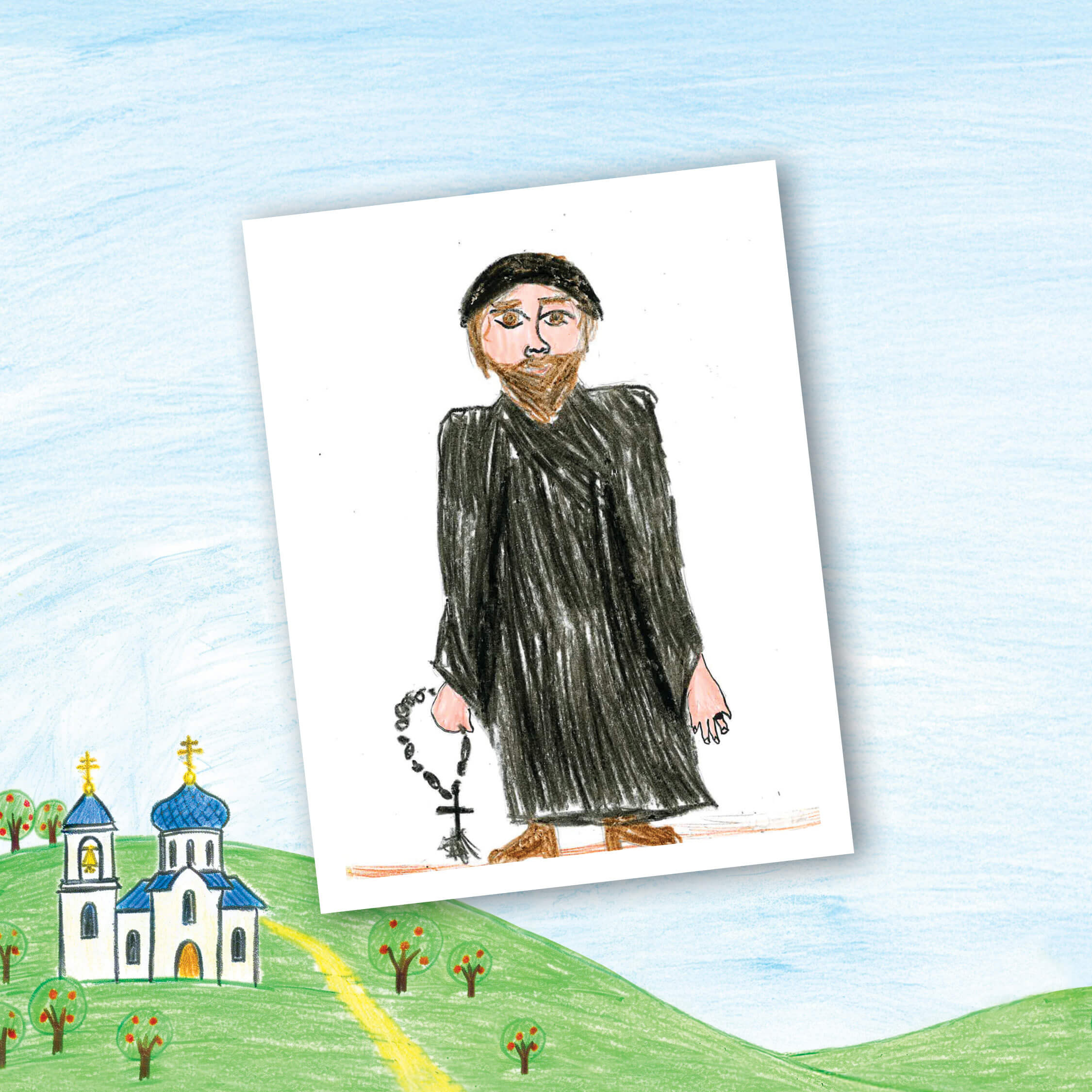 St. Tikhon's Seminary 2026 Spring Appeal children's drawings of their fathers in their cassocks.